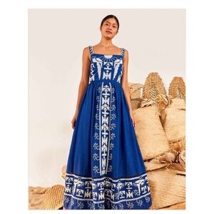 Farm Rio Blue Macaw Embroidered Bow Dress